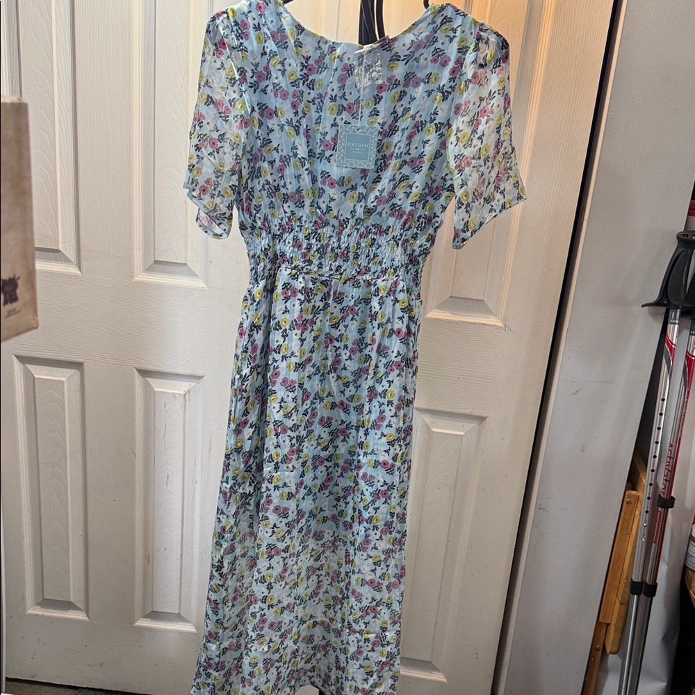 Hayden Light Blue Floral Midi Dress with Pink & Yellow Blossoms